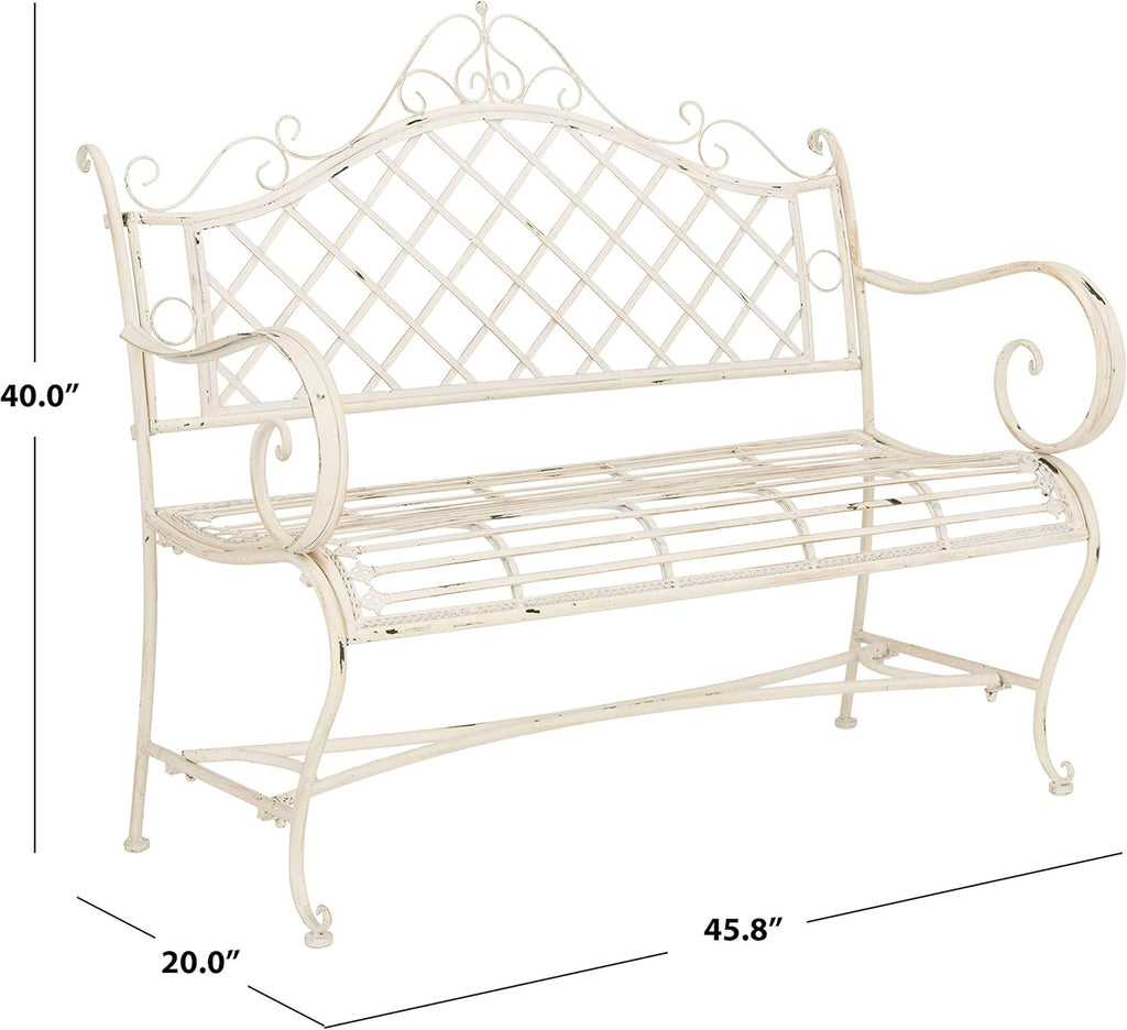 Outdoor - Abner Outdoor Iron Garden Bench - Antique White - Scrollwork Design - Ideal , Deck, Porch, Garden, 17" Seat