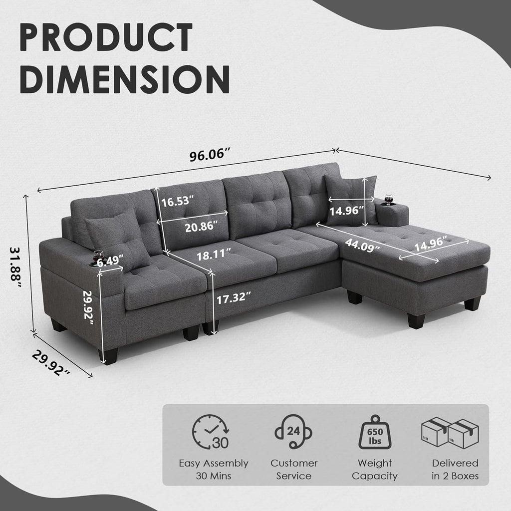 Sectional Sofa Couch, Modern 4-Seaters Living Room Furniture Sets with Reversible Chaise Lounge & 2 Pillows |