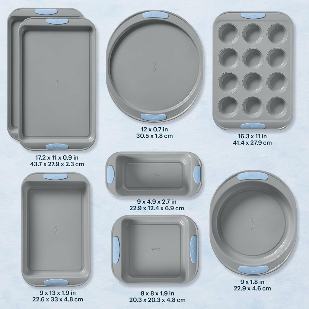 8-Piece Metal Bakeware Set with Heatsafe Silicone Handles, Cerulean | Lightweight stainless steel trays with heatsafe