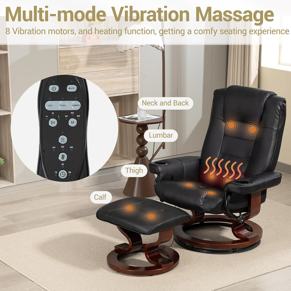 Modern Reclining Lounge Chair and Ottoman — Black PU Leather
