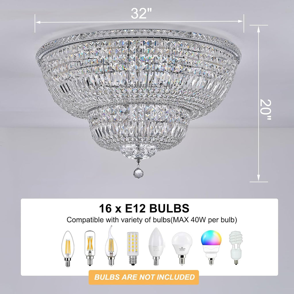 16-Light Modern Crystal Chandelier, 32" Chrome Flush Mount Ceiling Light, Round Tiered Crystal Ceiling Fixture