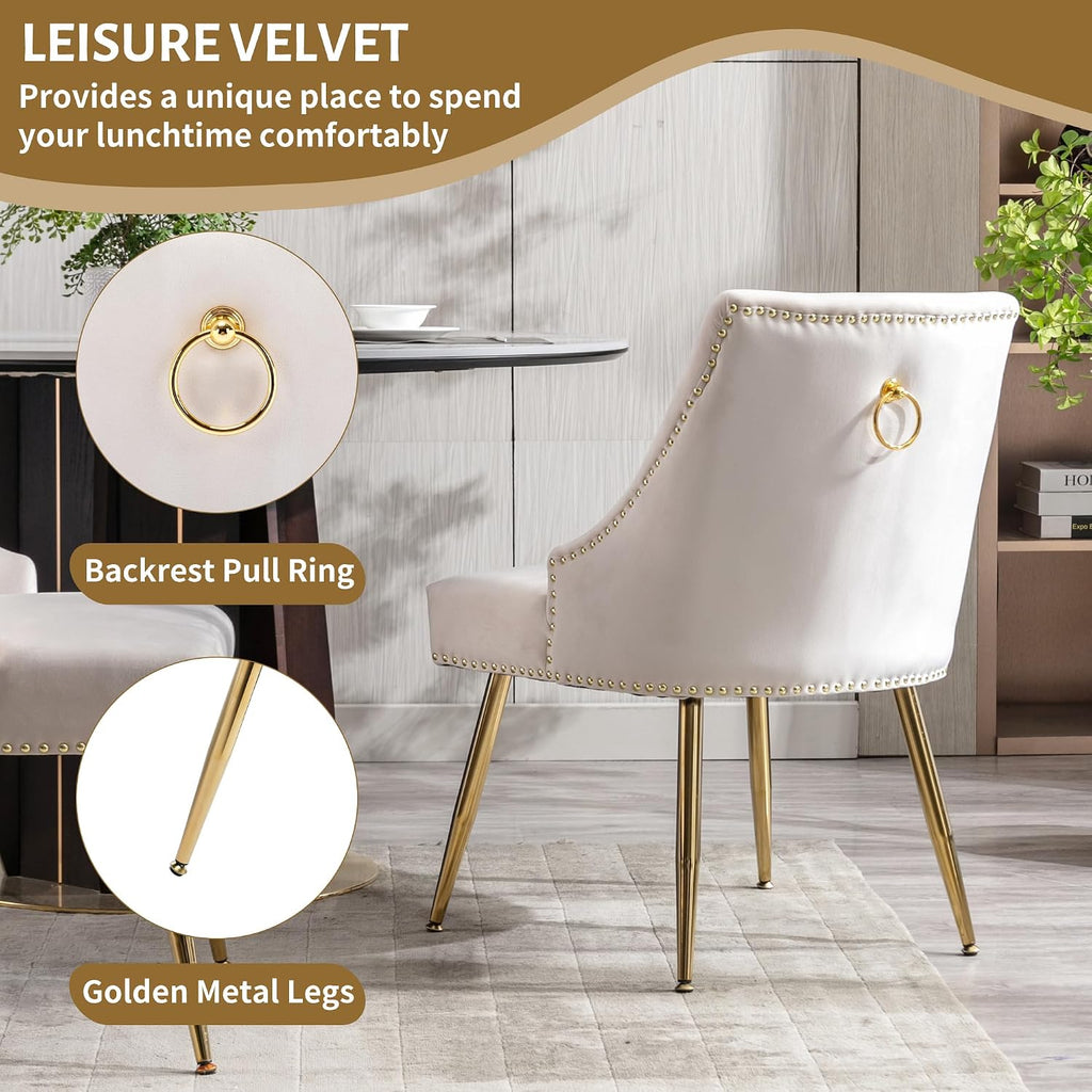 Velvet Dining Room Chairs Set of 4 Nailhead Back Ring Pull Trim with Gold Legs for Kitchen Living Room(Beige)