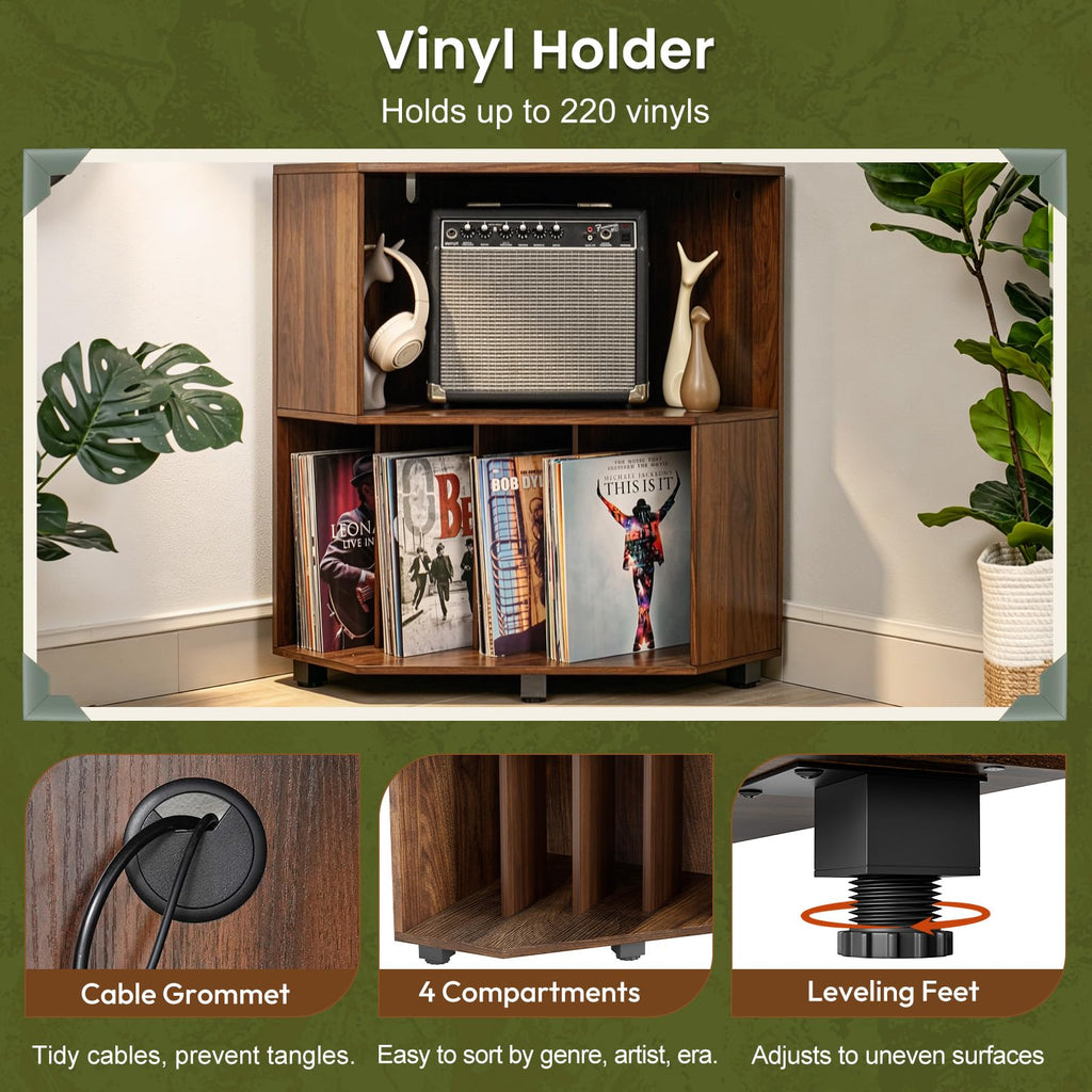 Corner Record Player Stand, Record Player Cabinet, Walnut