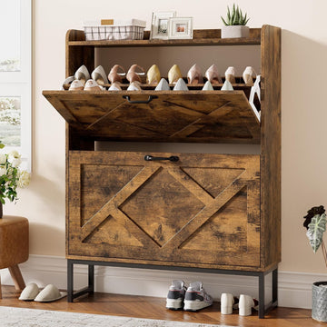 Shoe Cabinet Organizer with 2 Flip Drawers, Freestanding Narrow Rack with Metal Legs, Farmhouse Slim Shoe Storage