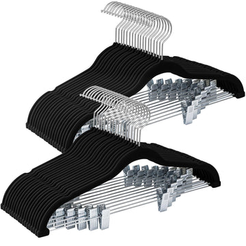 36-Pack Black Velvet Hangers with Clips Adjustable, Adult Hangers, Heavy-Duty, Felt, Non-Slip, Space Saving, Slim Outfit