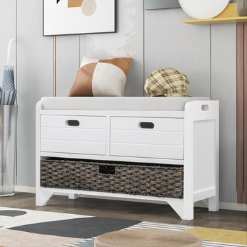 Storage Bench with Drawers and Basket, Farmhouse Shoe Bench with Seating and Cushion Entryway Living Room, Full