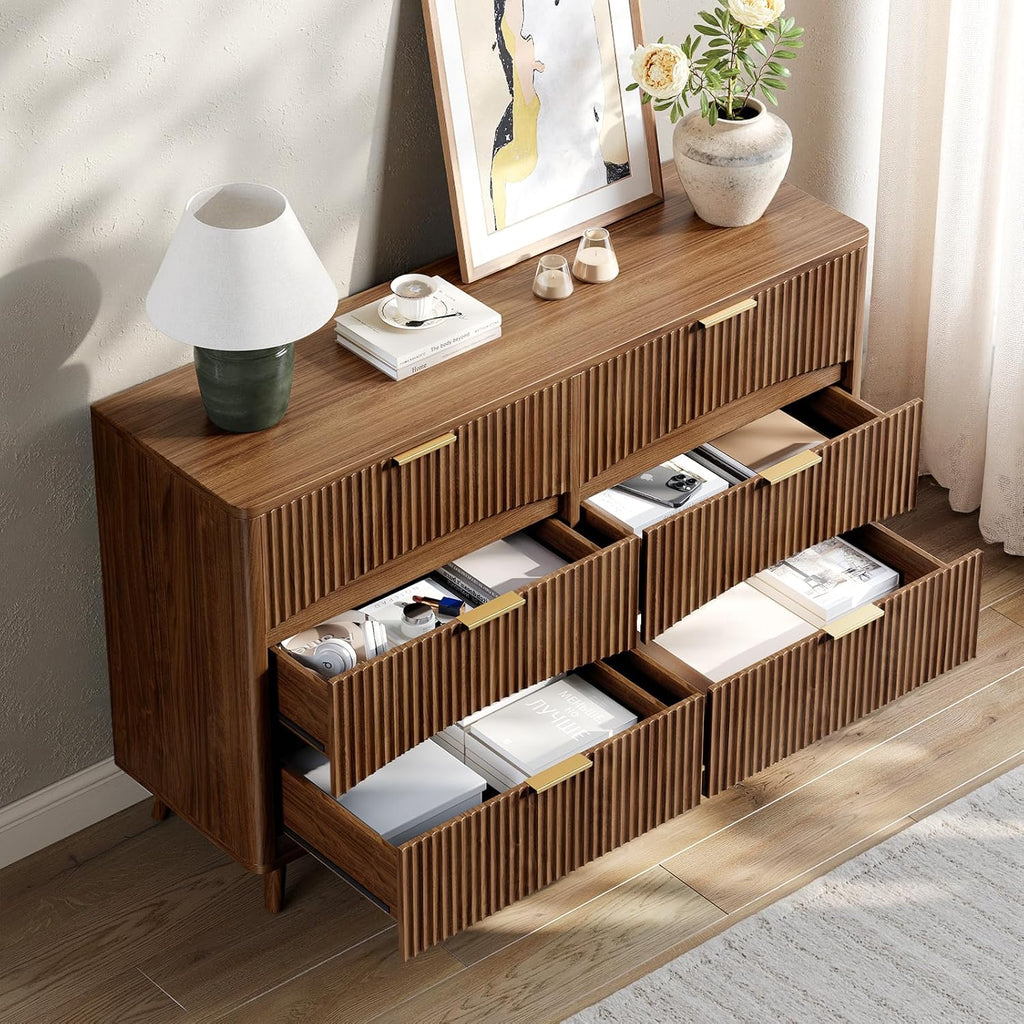 54" Wide Fluted 6 Drawer Dresser, Mid Century Modern Curved Dresser, Light Wood Chest of Drawers , Walnut