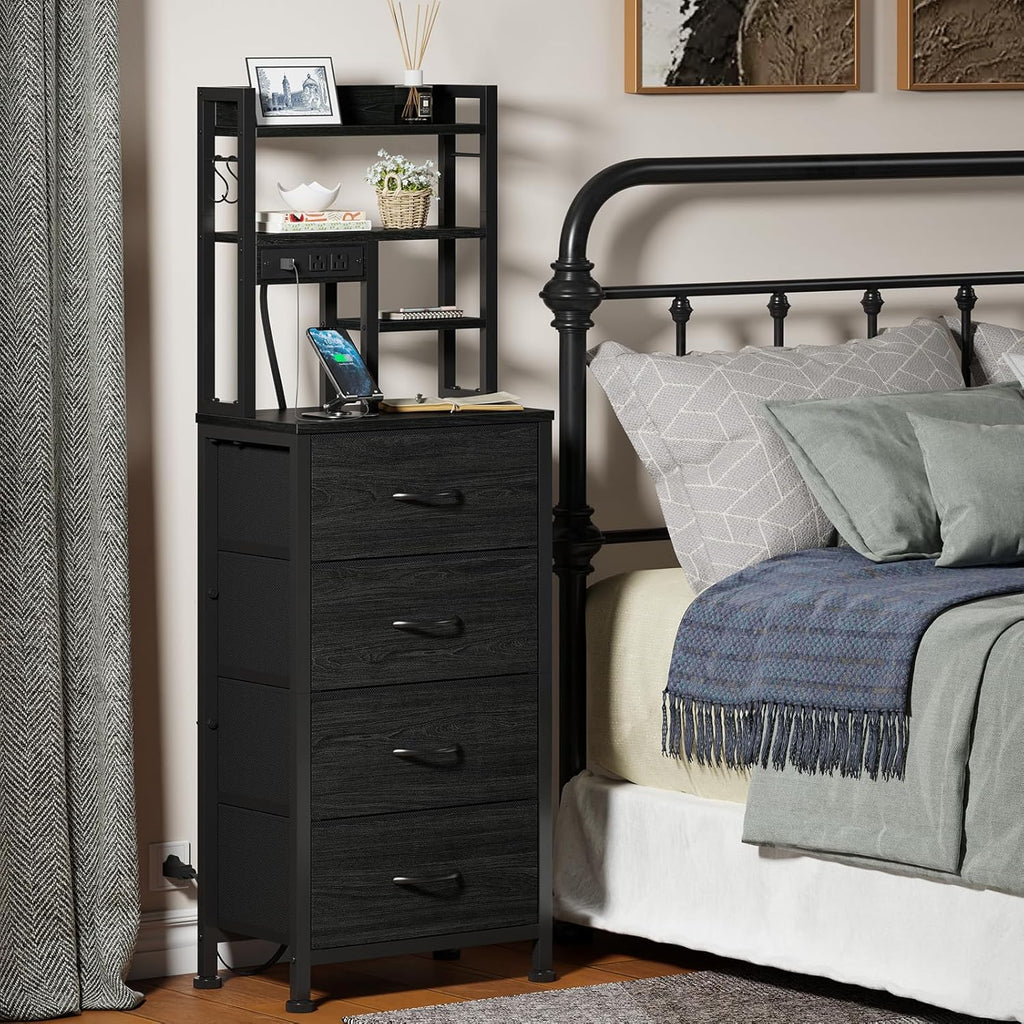 Tall Nightstand, LED Night Stand with Charging Station and USB Ports, 4 Fabric Drawers and 4 Tier Storage Shelf
