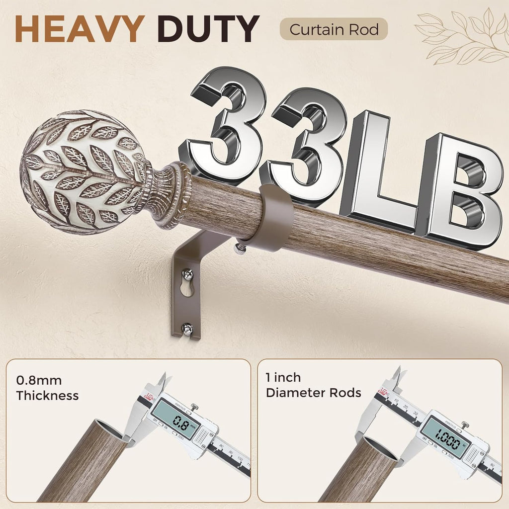 Curtain Rod 36-122 Inch, Boho Decorative 1 Inch Wood Rustic Curtain Rods for Windows, Adjustable Heavy Duty Long