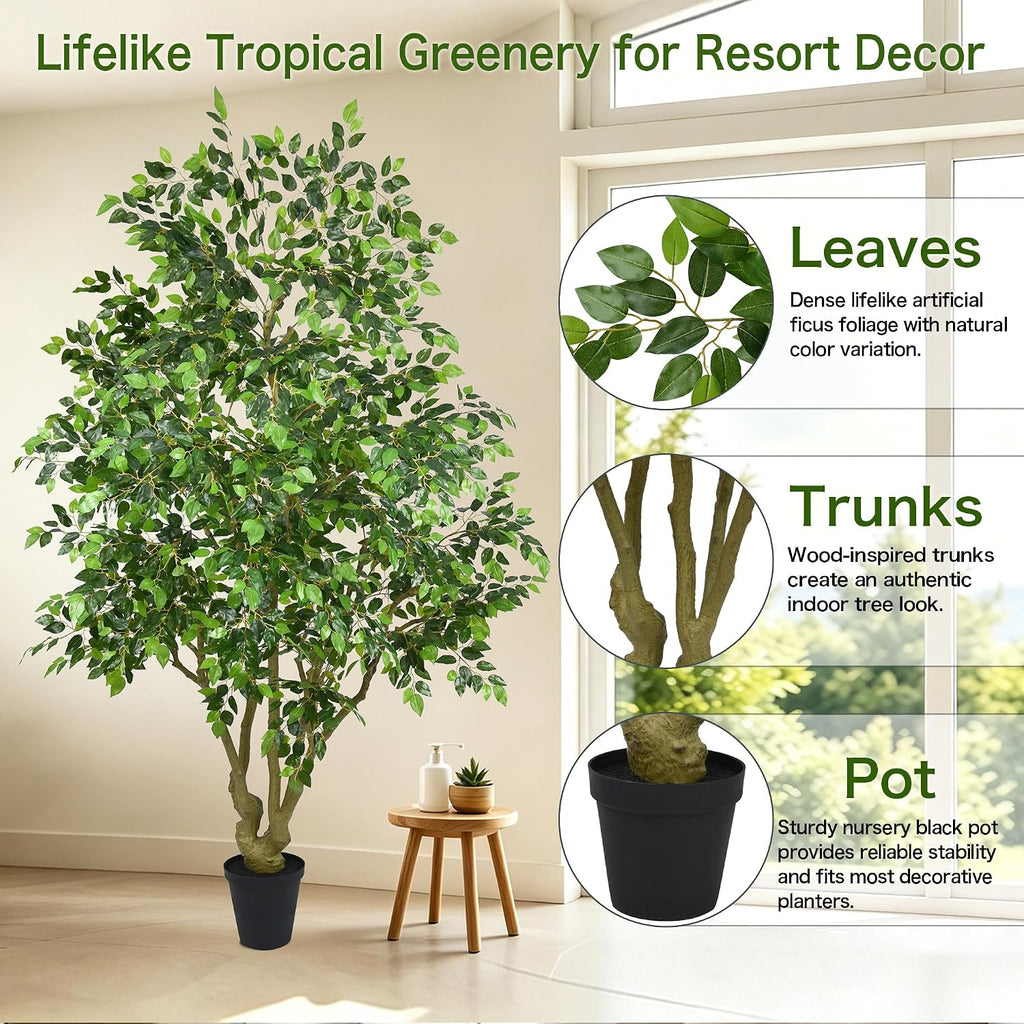 Ficus Tree 8FT - Tall Faux Plants Indoor with Pot, Realistic Fake Floor Plant with Natural Green Leaves Artificial