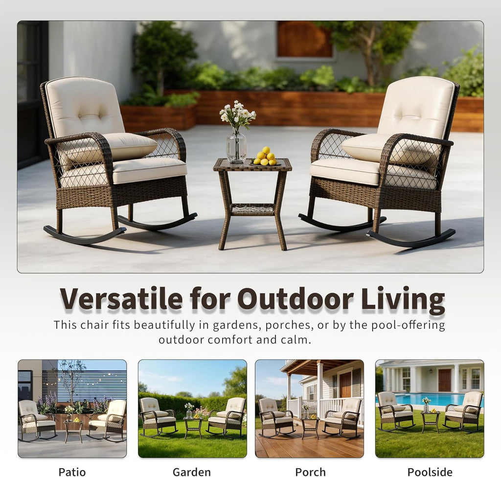 Outdoor Wicker Rocking Chair, Patio Rattan Rocker Chair with Cushions & Steel Frame, All-Weather Rocking Lawn Wicker