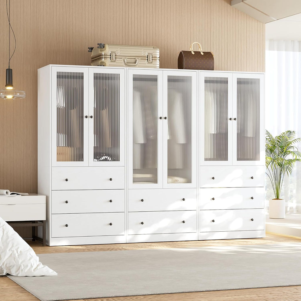 20"D Armoire Wardrobe Closet with Fluted Glass Door, 71" H Clothing Storage Cabinet with 8 Drawers, Hanging Rod, 4