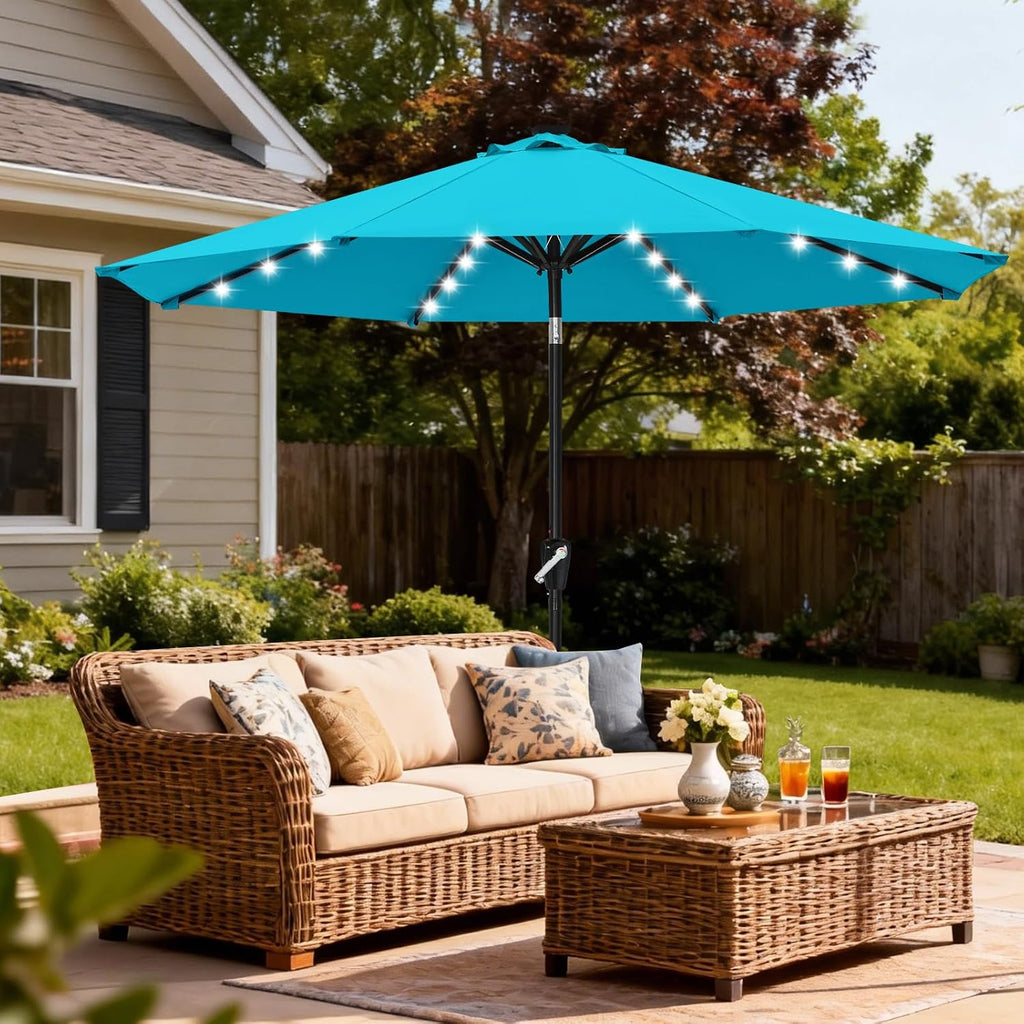 Durable Solar Led Patio Umbrellas with 32LED Lights 9FT (Turquoise)