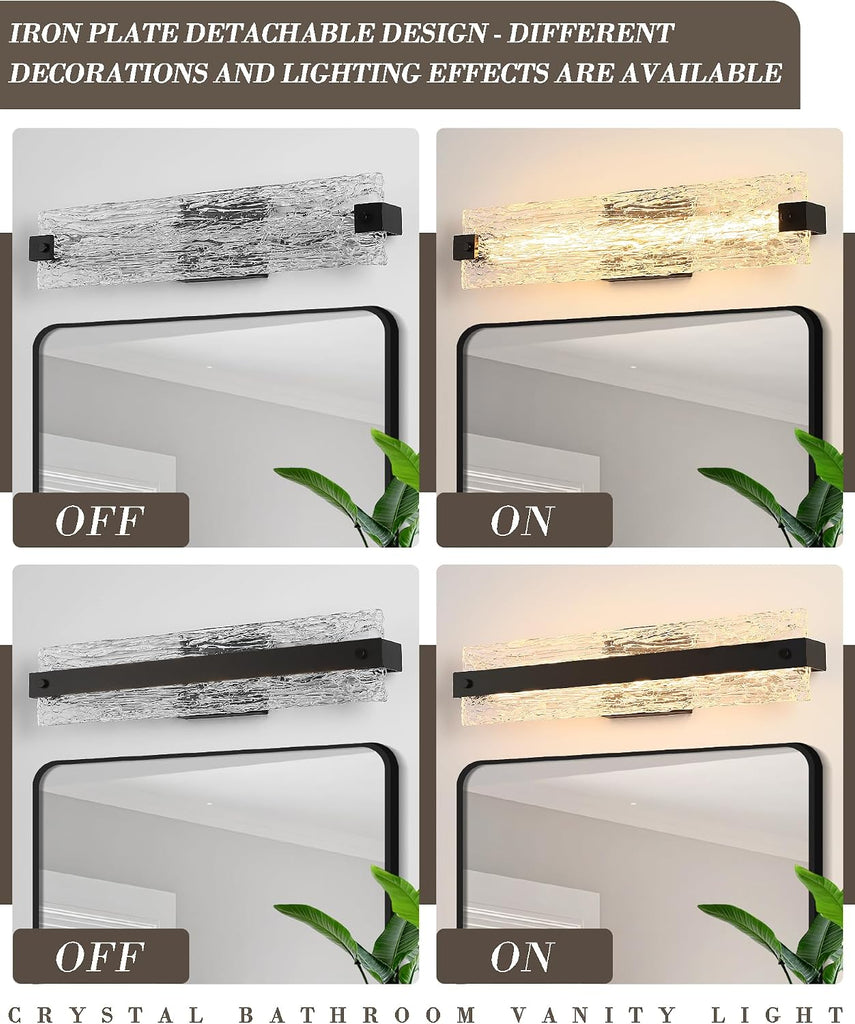 Black LED Bathroom Vanity Light, 24.4 Inch 15W Modern Dimmable Bathroom Light Fixture Over Mirror, Crystal Bar Wall