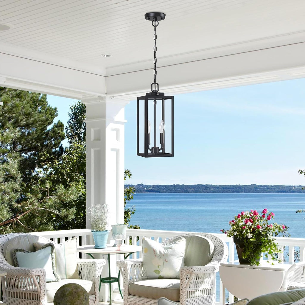 Large Outdoor Pendant Light 2-Light, 15'' Dusk to Dawn Modern Black Metal Outside Chandelier Exterior Hanging Fixture