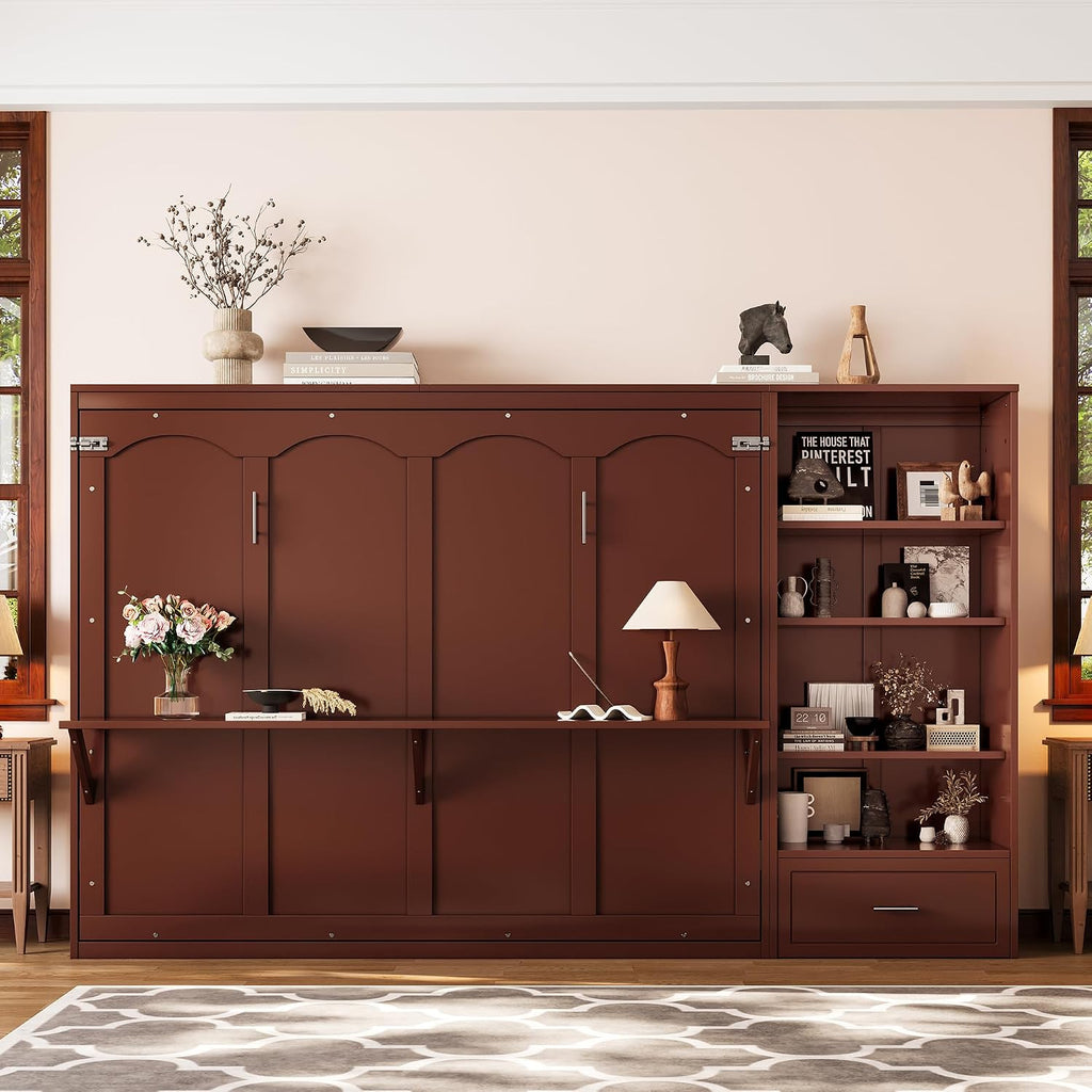 Queen Horizontal Murphy Bed with Desk, Foldable Wall Bed Frame with Storage Drawers, Shelves & Movable Cabinets