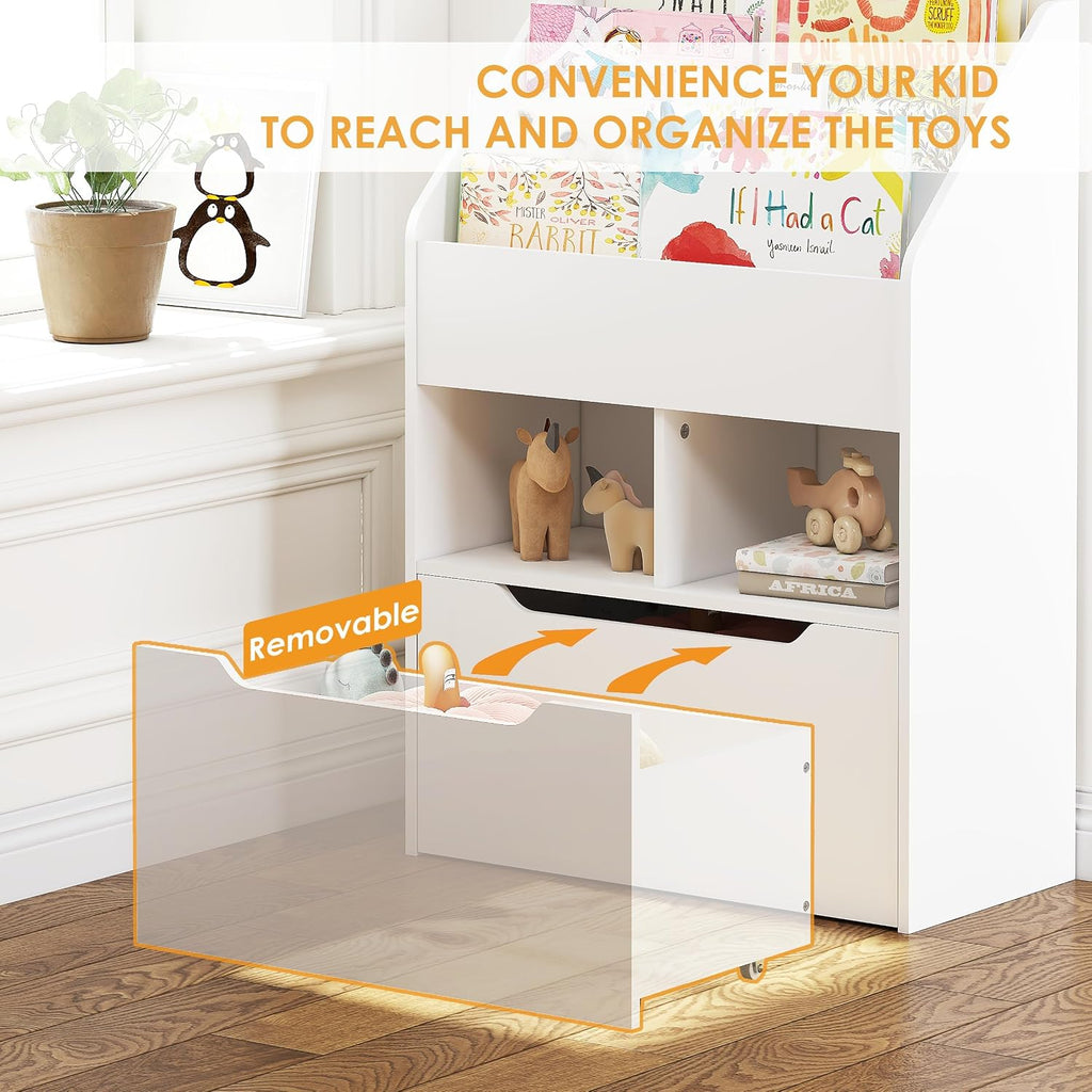 Kids Bookshelf with Movable Toy Box, Toddler Book Shelf and Toy Storage, Children Book Display Rack Toy Chest Combo