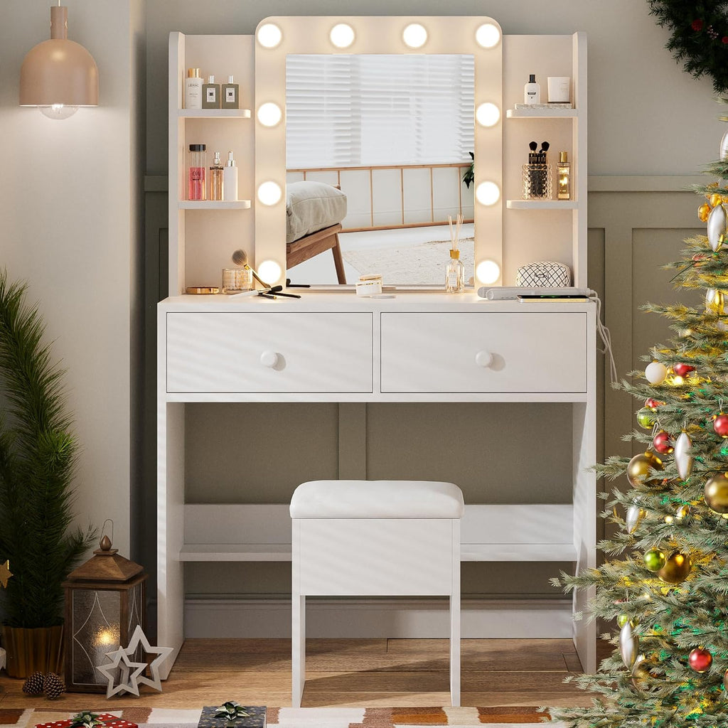 Makeup Vanity Desk with Lighted Mirror and Chair Set, White | 10 LED Light Bulbs, 3 Lighting Modes, Built-in Power