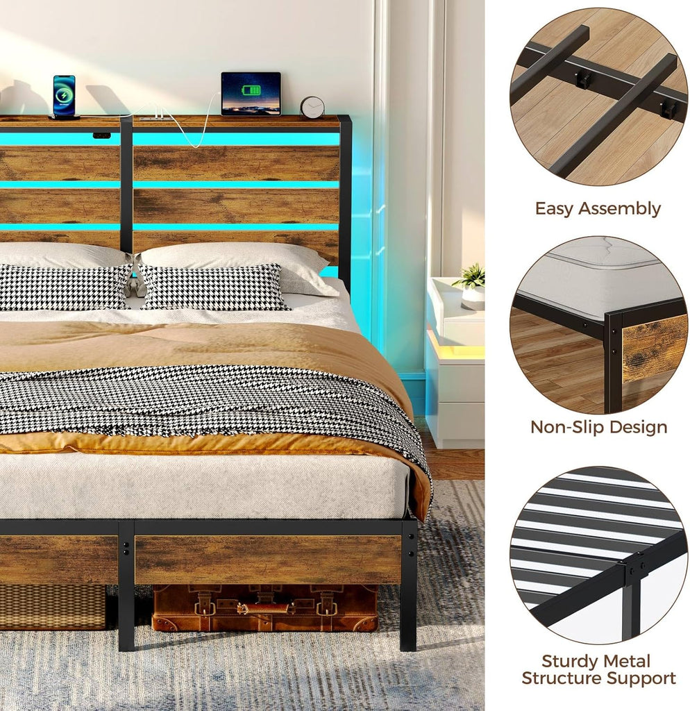 Bed Frame Full with USB Charging Station, LED Bed Frame with Wood Storage Headboard