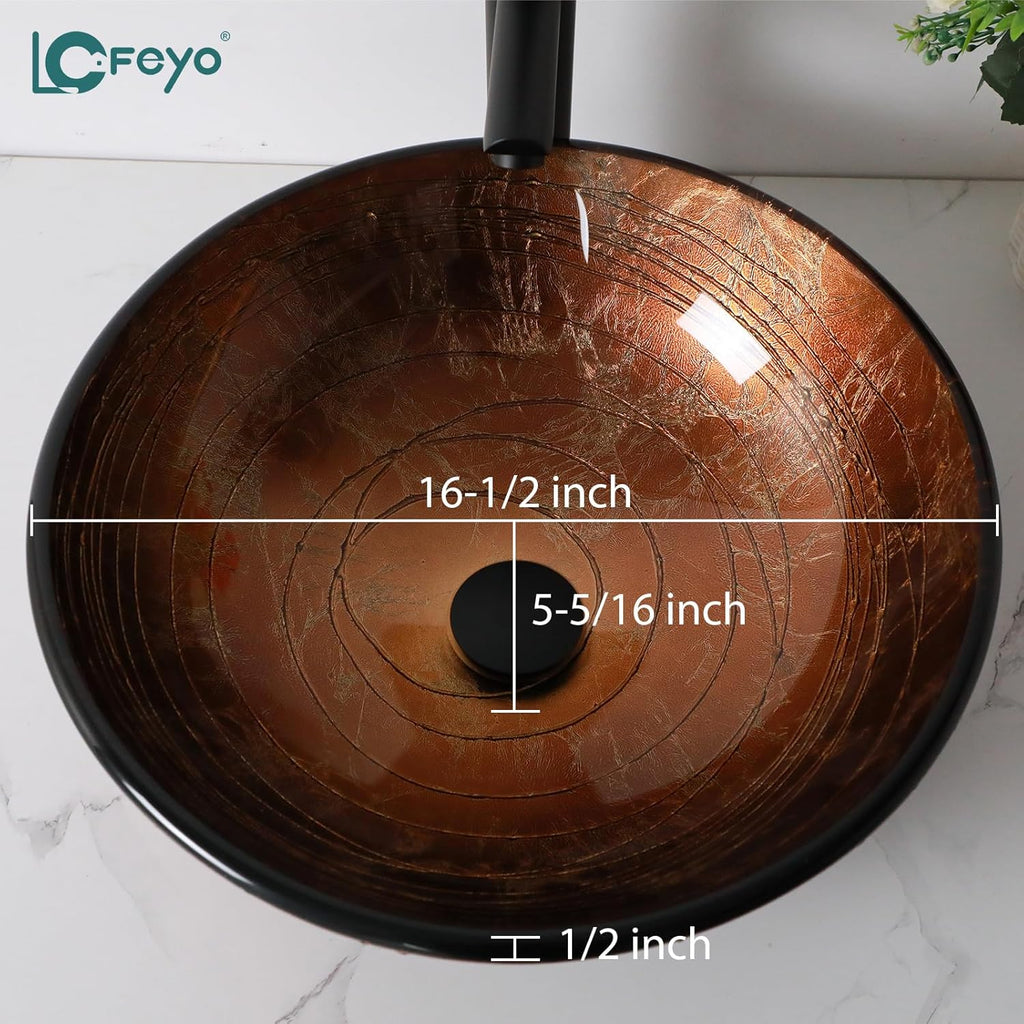 Small Bathroom Sink 17" Brwon Glass Vessel Sink With Faucet And Drain Combo Modern Round Shape Artistic Basin Bathroom