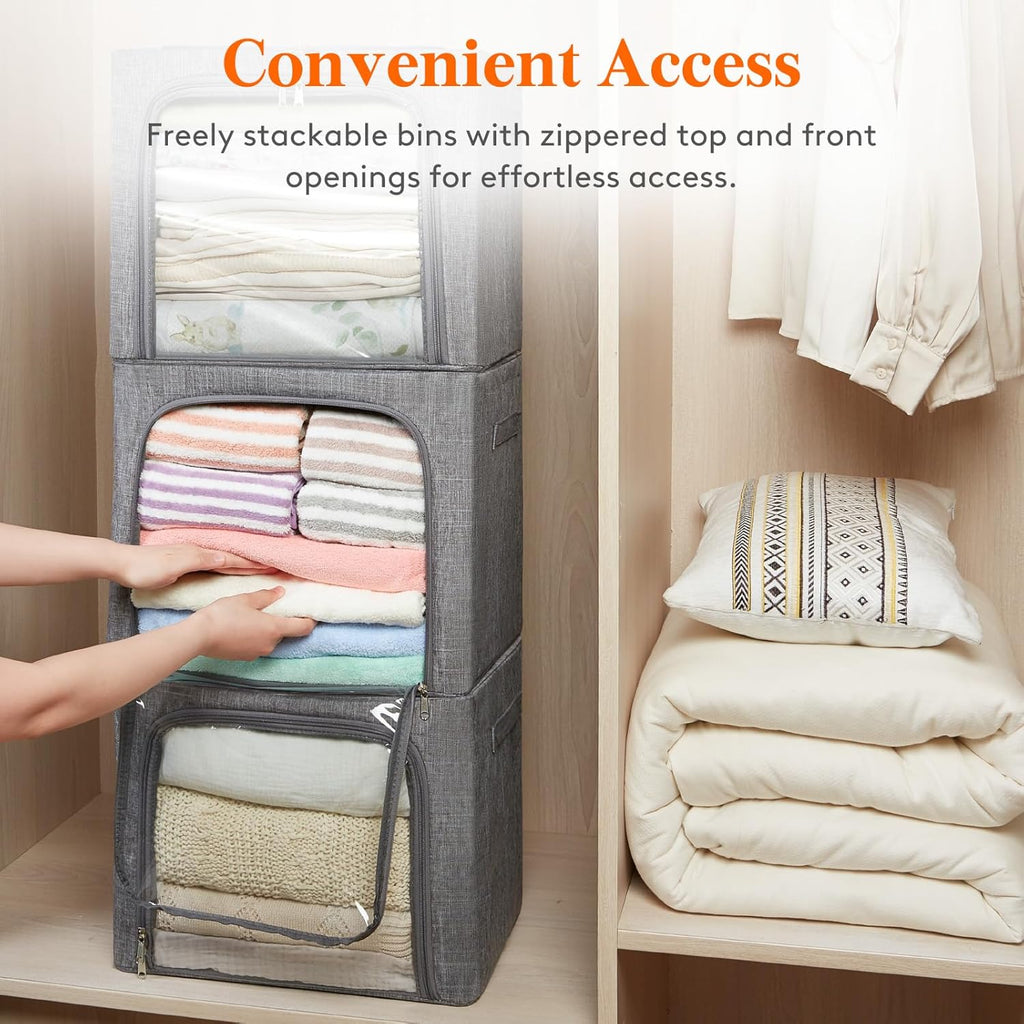 Clothes Storage Bins with Metal Frame, Stackable Storage Box, Foldable Clothing Storage Bins with Lids, 40L Storage
