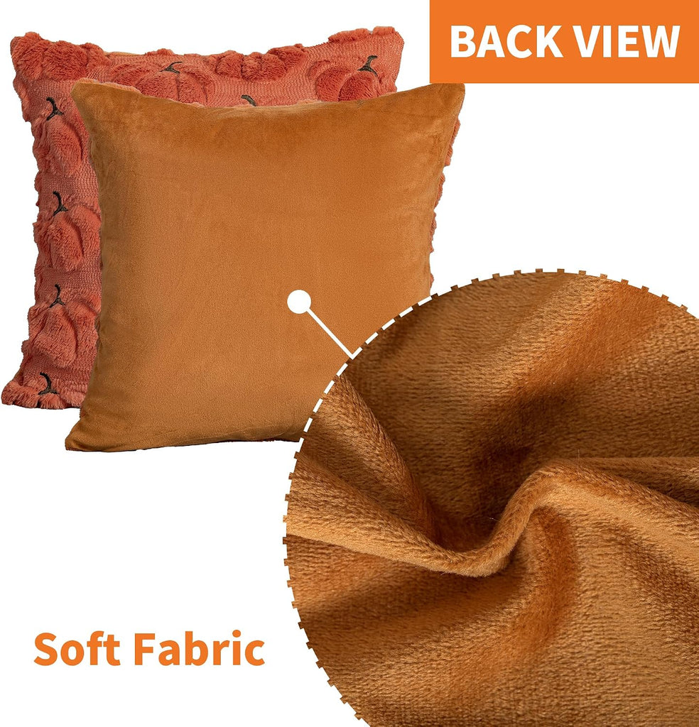 Fall Pumpkins Decorative Pillow Covers 20x20 Set of 2, Dark Rust Red Soft Plush Faux Fur Wool Farmhouse Throw Cushion