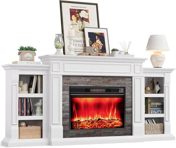 80" Electric Fireplace with Mantel, Fireplace TV Stand for TVs Up to 90 Inch, Modern Entertainment Center with Storage, 30'' Fireplace Heater Insert with 3D Flame Effect for Living Room