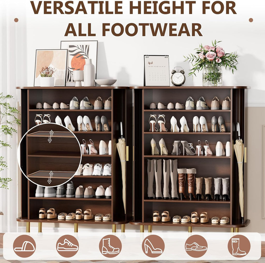 6-Tier 33'' Shoe Cabinet with Sliding Door, Wooden Shoe Storage Cabinet with Adjustable Shelves, Mid-Century Modern