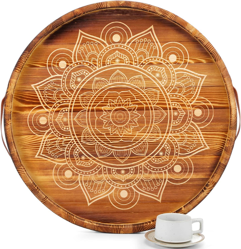 24 Inch Ottoman Tray Mandala Wooden Serving Tray with Handle Rustic Round Ottoman Large Farmhouse Coffee Table