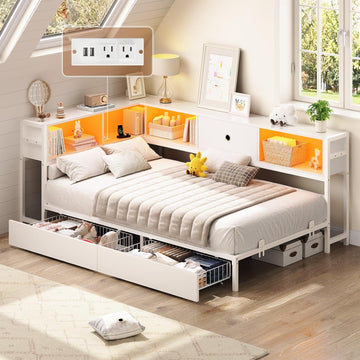 Corner Twin Bed Frame with Storage Drawers and Bookcase Headboard, Twin Size Metal Platform Corner Bed Frame with