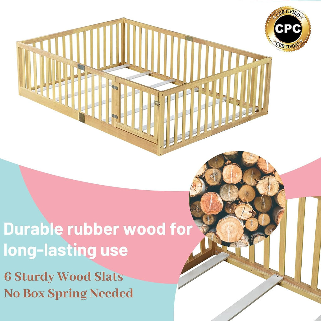 Full Size Montessori Floor Bed with High Rails and Slats, Solid Wood Floor Bed Frame with Door,Full Low Wooden Kids