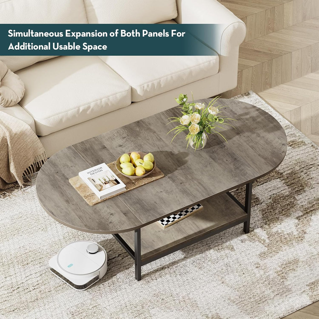 Folding Coffee Tables 2-Tier Extended Coffee Table with Storage Vintage Farmhouse Center Table for Large or Small