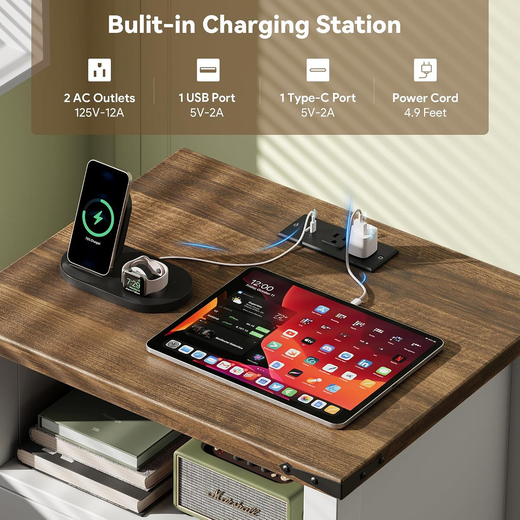 Farmhouse Nightstand Set of 2 with Charging Station, 18'' Wide Rustic End Table with USB/Type-C Ports, 2 Drawers &