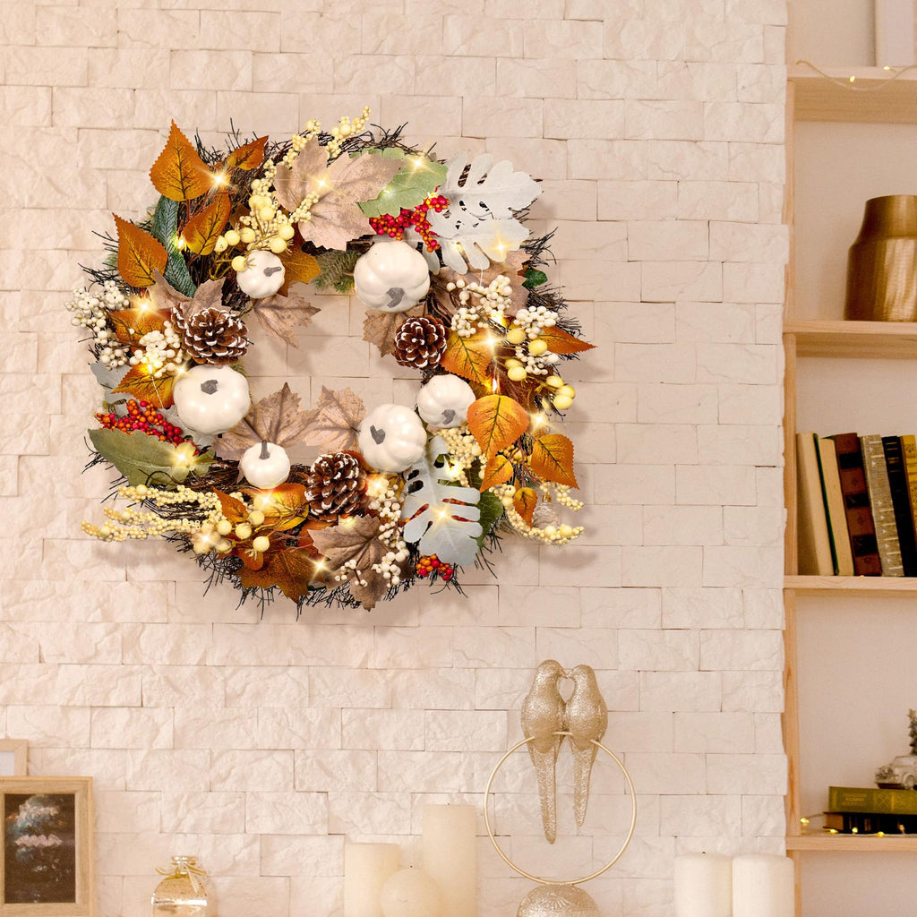 20Inch Thanksgiving Fall Wreath for Front Door with Light Autumn Wall Decor