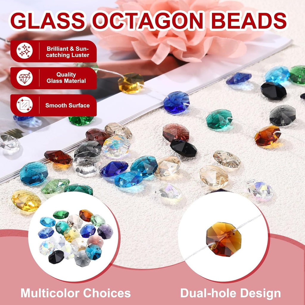 14mm Glass Octagon Beads, Sun Catcher Beads Bulk 2 Hole Sun Catcher Pendants 0.55" & 120 Pcs & Clear Black-Fitting