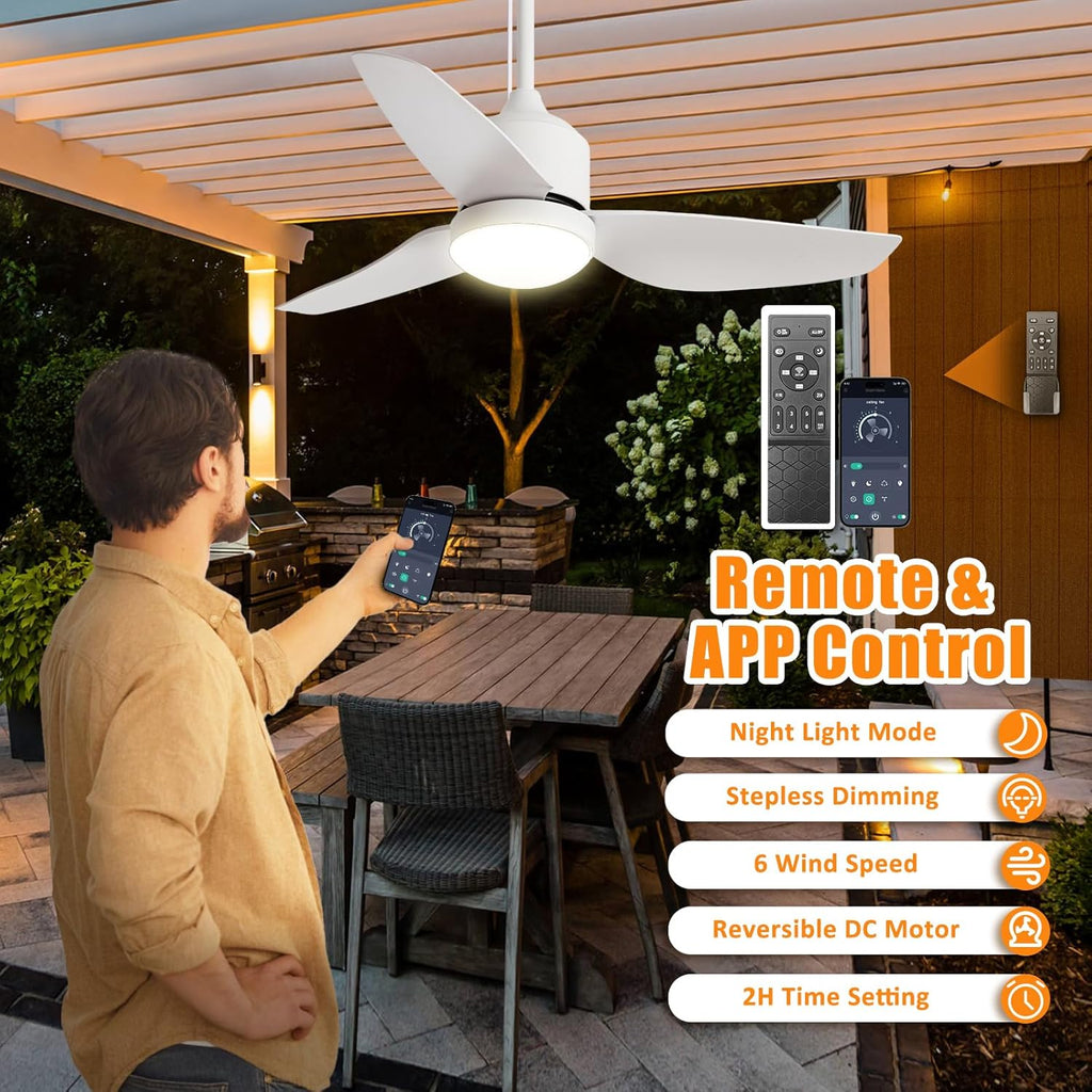 42 Inch White Waterproof Gazebo Fans with Lights Outdoor Hanging - Plug in Remote App Control for Patio Indoor Farmhouse Porch - 6 Speed Reversible DC Motor