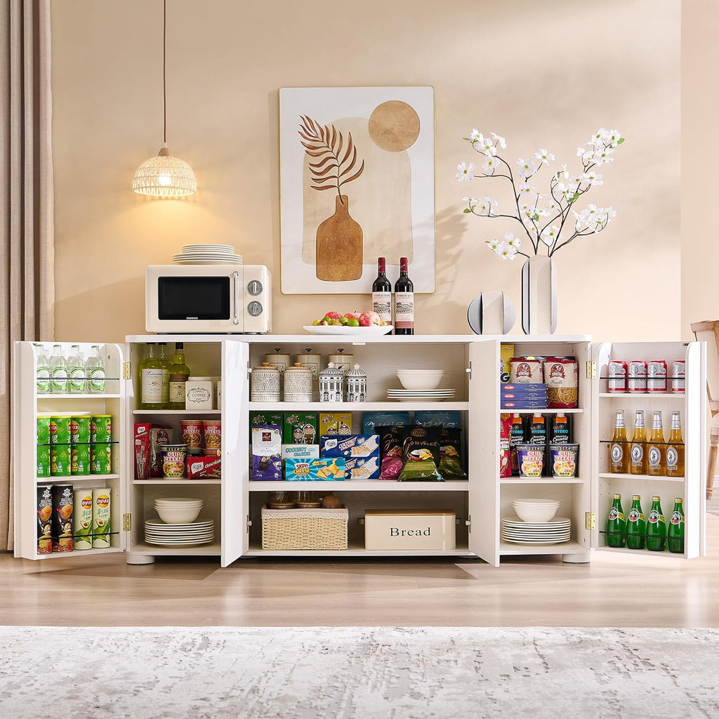 Curved Buffet Cabinet with Doors, 66" Large Sideboard Buffet Storage Cabinet with 4 Doors and Shleves
