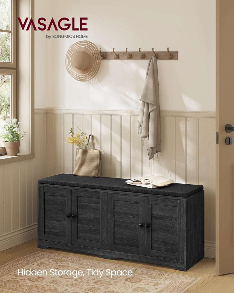Shoe Storage Bench with Cushion, 3-Tier Entryway Bench with Padded Seat, Doors, Adjustable Shelves, 14 x 47.6 x 20.7