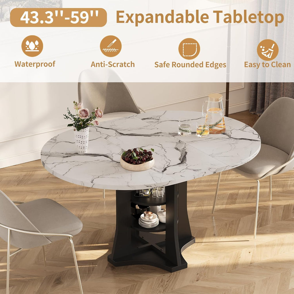 Extendable Dining Table 43"-59" for 4-6, Marble Round Kitchen Dining Room Table with 2 Tier Storage Shelves