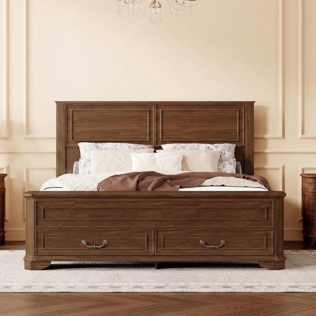Queen Farmhouse Style Bed Frame with Storage Bench, 2 Drawers & Lift-Top Compartments, Solid Wood Platform Bed with