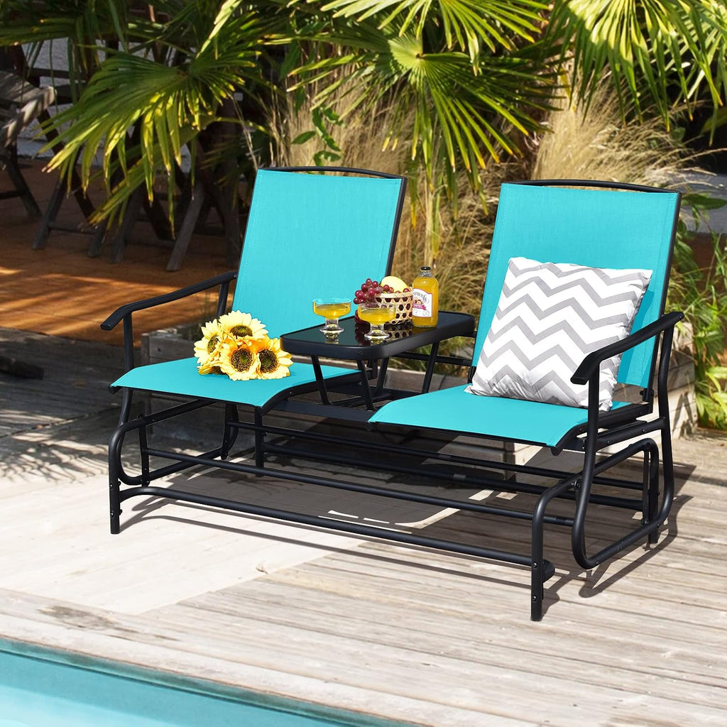 2 Person Outdoor Glider Bench w/Tempered Glass Table, Swing Patio Glider Chair with Steel Frame & Breathable Seat