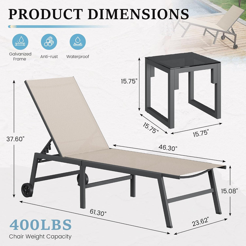 3 Piece Outdoor Lounge Chair Set 2 Patio Chaise Lounges with Wheels | w/Side Table Adjustable 5-Position Reclining