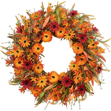 Artificial Fall Wreath 22 Inch Autumn Wreaths for Front Door Orange Daisy Wreath with Wildflowers Berries for Indoor