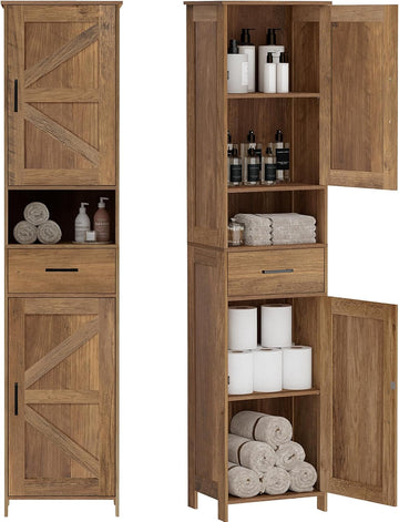 67" H Tall Bathroom Storage Cabinet with Barn Doors and Drawer | Narrow Storage Unit with Adjustable Shelves, Floor