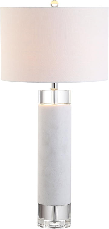 32" White Marble and Crystal LED Table Lamp, Modern Contemporary Cylindrical Column Bedside Lamp Bed