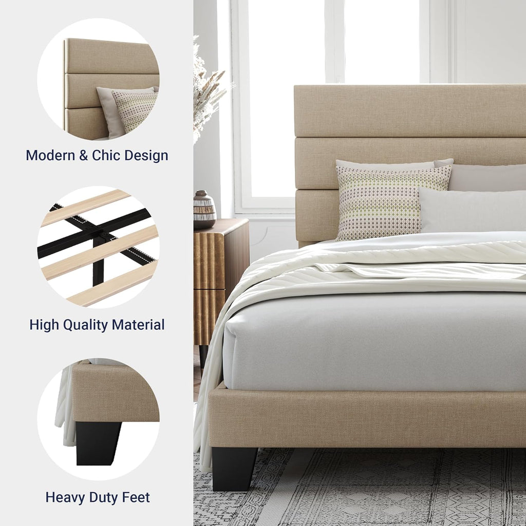 Queen Platform Bed Frame with Fabric Upholstered Headboard and Wooden Slats Support