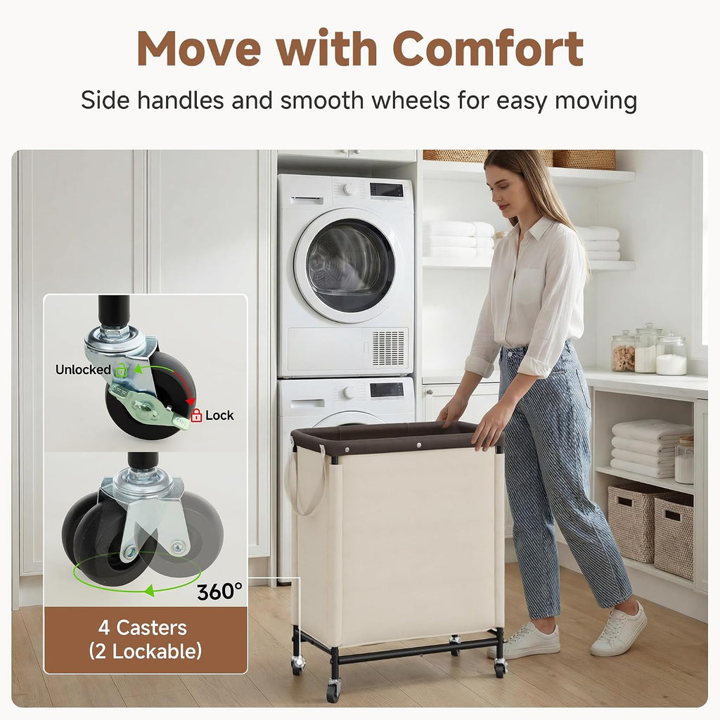 2 Section Laundry Hamper, 100L Beige Sorter Cart with Wheels