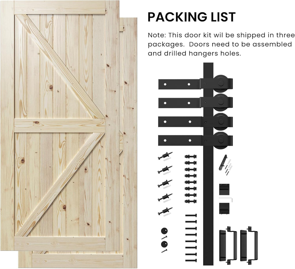 Double 42"x84" Bypass Barn Door with 7FT Track Hardware Kit Included, Unfinished Solid Wood, DIY Sup