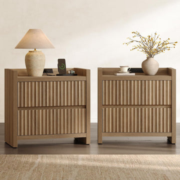 Night Stands Set of 2-Fluted Nightstands with Charging Station- Modern 2 Drawers Nightstand 25" Tall Bedside Table