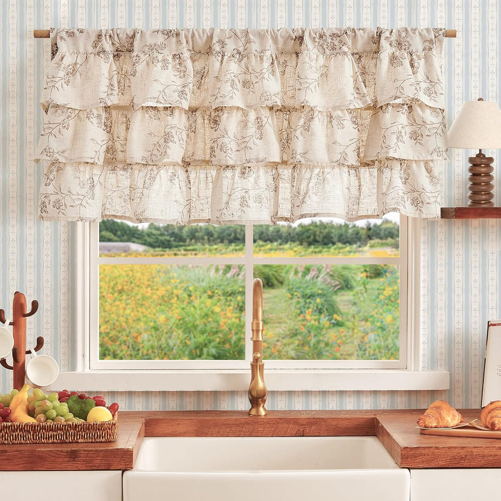 Ruffled Floral Valance Curtain Shabbychic Linen Window Valance 18 Inch Farmhouse Rustic Window Treatment for Kitchen